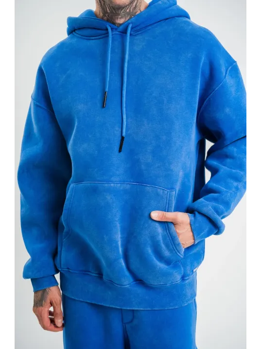 Unisex Double Oversize Kapşonlu Yıkamalı SweatShirt - Mavi