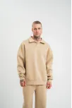 Unisex Double Oversize Patlı Yaka Sweatshirt - Bej