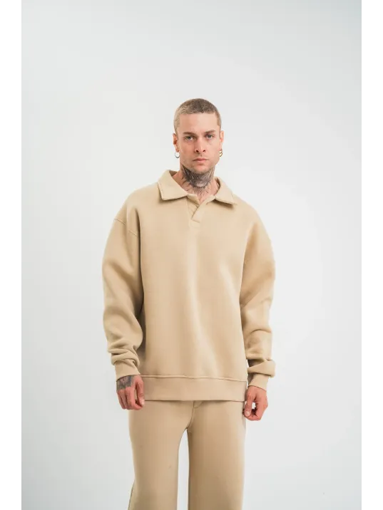Unisex Double Oversize Patlı Yaka SweatShirt - Bej Unisex Double Oversize Patlı Yaka SweatShirt - Bej