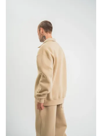 Unisex Double Oversize Patlı Yaka SweatShirt - Bej Unisex Double Oversize Patlı Yaka SweatShirt - Bej