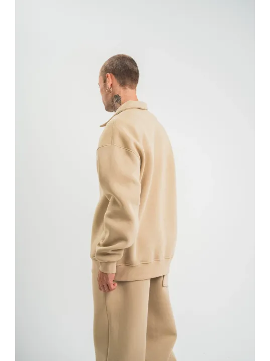 Unisex Double Oversize Patlı Yaka SweatShirt - Bej