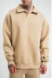 Unisex Double Oversize Patlı Yaka Sweatshirt - Bej