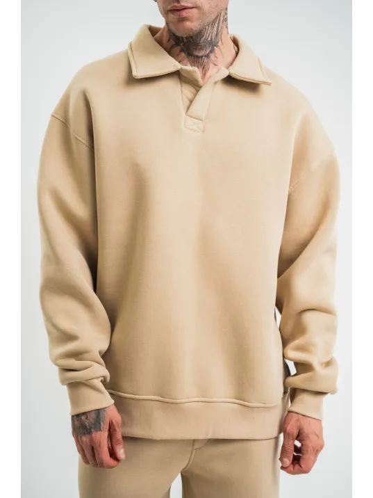 Unisex Double Oversize Patlı Yaka SweatShirt - Bej