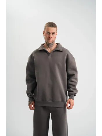 Erkek Patlı Yaka Üç İplik Pamuklu Sweatshirt Double Oversize Rahat Kalıp Günlük Kullanım - Füme