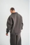 Erkek Patlı Yaka Üç İplik Pamuklu Sweatshirt Double Oversize Rahat Kalıp Günlük Kullanım - Füme