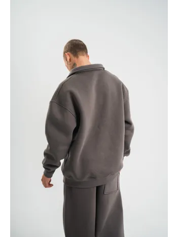 Erkek Patlı Yaka Üç İplik Pamuklu Sweatshirt Double Oversize Rahat Kalıp Günlük Kullanım - Füme