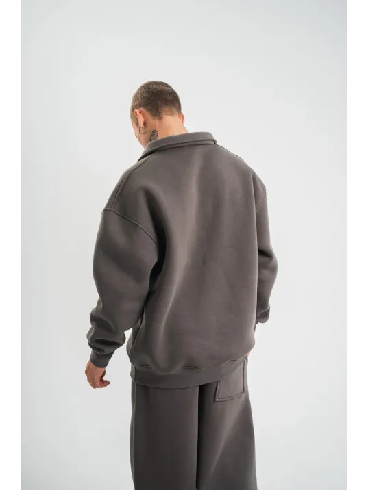 Erkek Patlı Yaka Üç İplik Pamuklu Sweatshirt Double Oversize Rahat Kalıp Günlük Kullanım - Füme