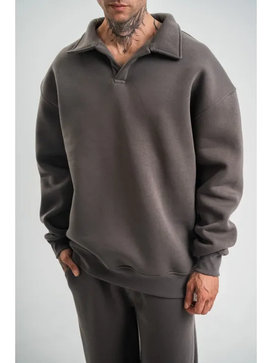 Erkek Patlı Yaka Üç İplik Pamuklu Sweatshirt Double Oversize Rahat Kalıp Günlük Kullanım - Füme