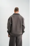 Erkek Patlı Yaka Üç İplik Pamuklu Sweatshirt Double Oversize Rahat Kalıp Günlük Kullanım - Füme