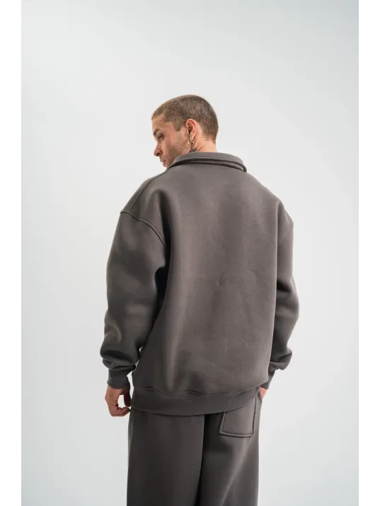Erkek Patlı Yaka Üç İplik Pamuklu Sweatshirt Double Oversize Rahat Kalıp Günlük Kullanım - Füme