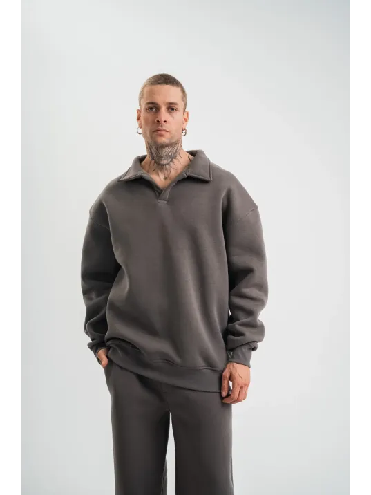 Erkek Patlı Yaka Üç İplik Pamuklu Sweatshirt Double Oversize Rahat Kalıp Günlük Kullanım - Füme