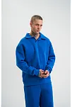 Erkek Patlı Yaka Üç İplik Pamuklu Sweatshirt Double Oversize Rahat Kalıp Günlük Kullanım - Mavi