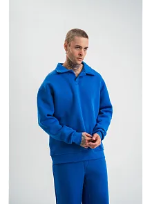 Erkek Patlı Yaka Üç İplik Pamuklu Sweatshirt Double Oversize Rahat Kalıp Günlük Kullanım - Mavi