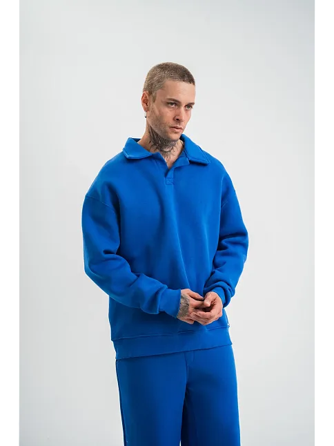 Erkek Patlı Yaka Üç İplik Pamuklu Sweatshirt Double Oversize Rahat Kalıp Günlük Kullanım - Mavi