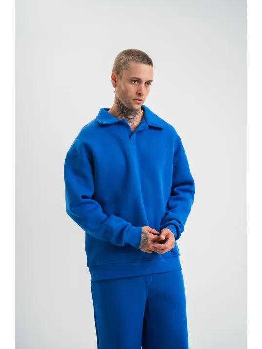 Erkek Patlı Yaka Üç İplik Pamuklu Sweatshirt Double Oversize Rahat Kalıp Günlük Kullanım - Mavi