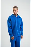 Erkek Patlı Yaka Üç İplik Pamuklu Sweatshirt Double Oversize Rahat Kalıp Günlük Kullanım - Mavi