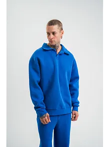 Erkek Patlı Yaka Üç İplik Pamuklu Sweatshirt Double Oversize Rahat Kalıp Günlük Kullanım - Mavi