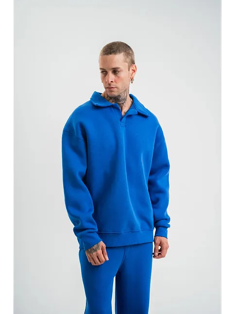 Erkek Patlı Yaka Üç İplik Pamuklu Sweatshirt Double Oversize Rahat Kalıp Günlük Kullanım - Mavi