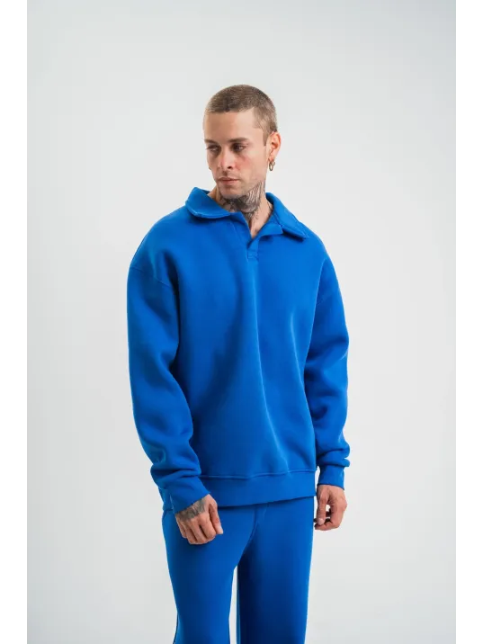 Erkek Patlı Yaka Üç İplik Pamuklu Sweatshirt Double Oversize Rahat Kalıp Günlük Kullanım - Mavi