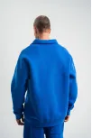 Erkek Patlı Yaka Üç İplik Pamuklu Sweatshirt Double Oversize Rahat Kalıp Günlük Kullanım - Mavi