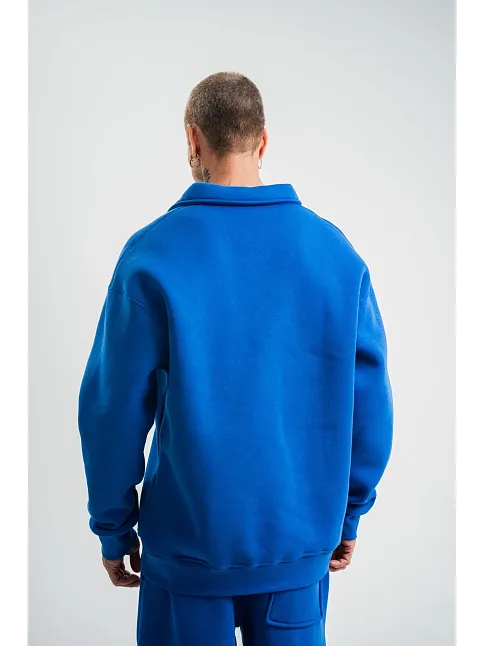 Erkek Patlı Yaka Üç İplik Pamuklu Sweatshirt Double Oversize Rahat Kalıp Günlük Kullanım - Mavi