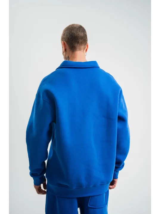 Erkek Patlı Yaka Üç İplik Pamuklu Sweatshirt Double Oversize Rahat Kalıp Günlük Kullanım - Mavi