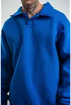 Erkek Patlı Yaka Üç İplik Pamuklu Sweatshirt Double Oversize Rahat Kalıp Günlük Kullanım - Mavi