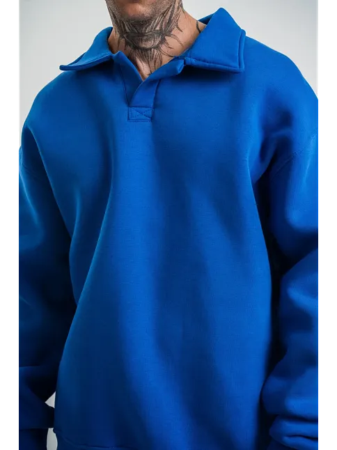 Erkek Patlı Yaka Üç İplik Pamuklu Sweatshirt Double Oversize Rahat Kalıp Günlük Kullanım - Mavi