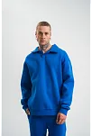 Erkek Patlı Yaka Üç İplik Pamuklu Sweatshirt Double Oversize Rahat Kalıp Günlük Kullanım - Mavi