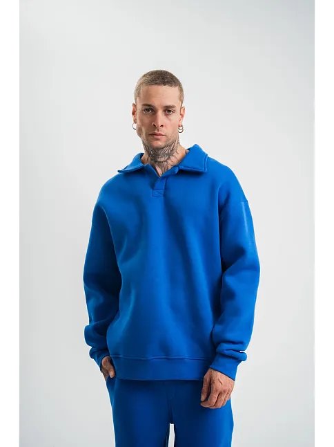 Erkek Patlı Yaka Üç İplik Pamuklu Sweatshirt Double Oversize Rahat Kalıp Günlük Kullanım - Mavi