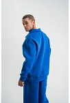 Erkek Patlı Yaka Üç İplik Pamuklu Sweatshirt Double Oversize Rahat Kalıp Günlük Kullanım - Mavi