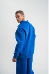 Erkek Patlı Yaka Üç İplik Pamuklu Sweatshirt Double Oversize Rahat Kalıp Günlük Kullanım - Mavi