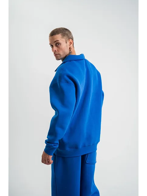 Erkek Patlı Yaka Üç İplik Pamuklu Sweatshirt Double Oversize Rahat Kalıp Günlük Kullanım - Mavi