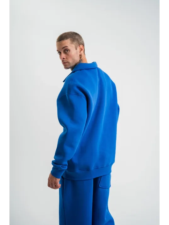 Erkek Patlı Yaka Üç İplik Pamuklu Sweatshirt Double Oversize Rahat Kalıp Günlük Kullanım - Mavi