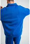 Erkek Patlı Yaka Üç İplik Pamuklu Sweatshirt Double Oversize Rahat Kalıp Günlük Kullanım - Mavi