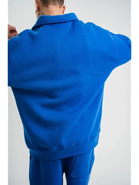 Erkek Patlı Yaka Üç İplik Pamuklu Sweatshirt Double Oversize Rahat Kalıp Günlük Kullanım - Mavi