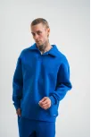 Erkek Patlı Yaka Üç İplik Pamuklu Sweatshirt Double Oversize Rahat Kalıp Günlük Kullanım - Mavi