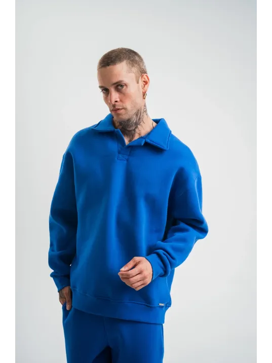 Erkek Patlı Yaka Üç İplik Pamuklu Sweatshirt Double Oversize Rahat Kalıp Günlük Kullanım - Mavi