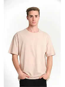 Unisex Düz Biskilet Yaka Oversize T-shirt - Bej