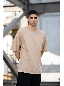 Erkek Düz T-shirt Kısa Kol Bisiklet Yaka Regular Fit Rahat Kalıp Günlük Tişört - Bej