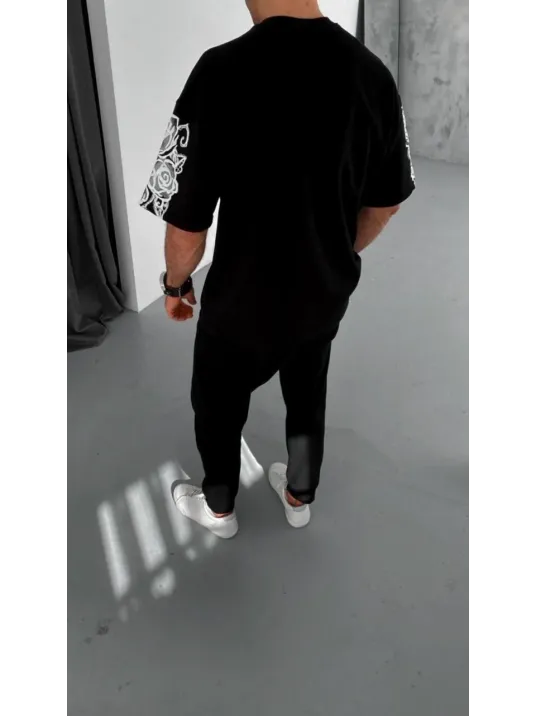 Unisex Flok Kabartma Baskılı T-shirt - Siyah