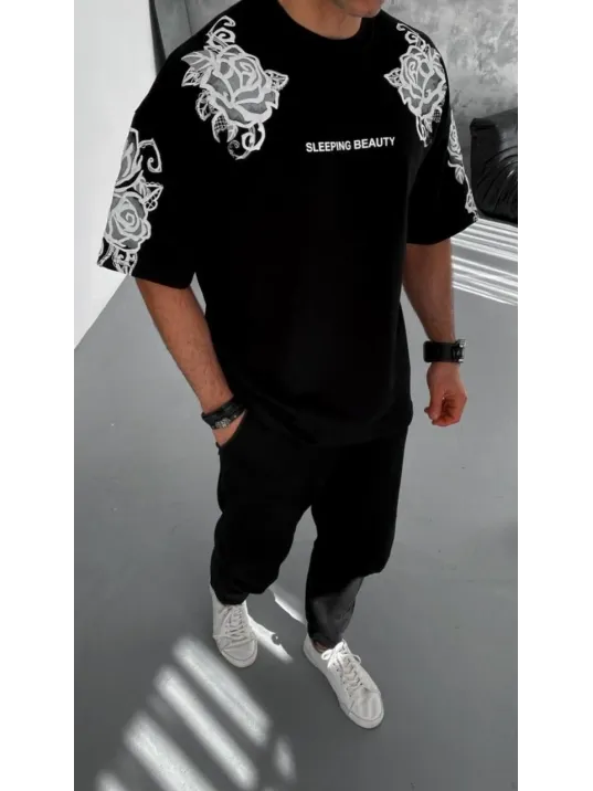 Unisex Flok Kabartma Baskılı T-shirt - Siyah