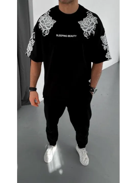 Unisex Flok Kabartma Baskılı T-shirt - Siyah