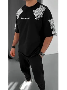 Unisex Flok Kabartma Baskılı T-shirt - Siyah