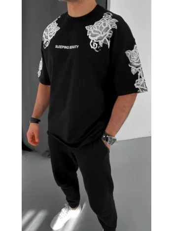 Unisex Flok Kabartma Baskılı T-shirt - Siyah