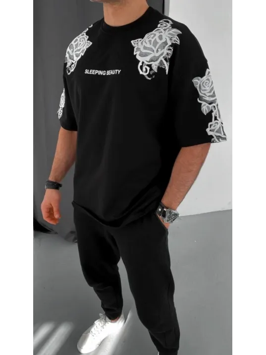 Unisex Flok Kabartma Baskılı T-shirt - Siyah