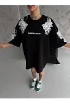 Unisex Flok Kabartma Baskılı T-shirt - Siyah