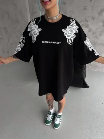 Unisex Flok Kabartma Baskılı T-shirt - Siyah