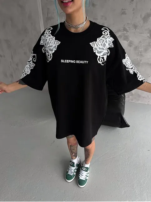 Unisex Flok Kabartma Baskılı T-shirt - Siyah