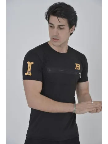 Unisex Göğüs Fermuarlı Baskılı T-Shirt - Siyah Unisex Göğüs Fermuarlı Baskılı T-Shirt - Siyah